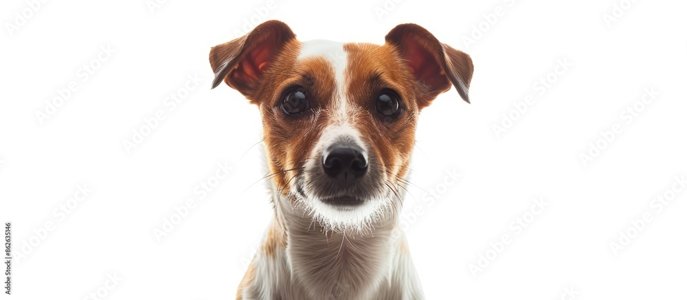 Poster a one-year-old jack russell terrier is seated against a white backdrop, with ample space around it f