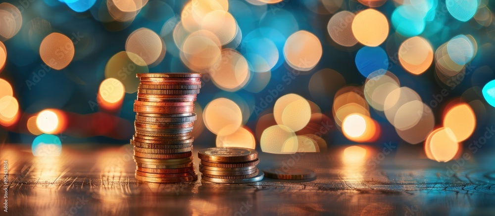 Poster An innovative business savings concept displayed with a stack of coins on a wooden table against a background of soft bokeh lights, ideal for copy space image.