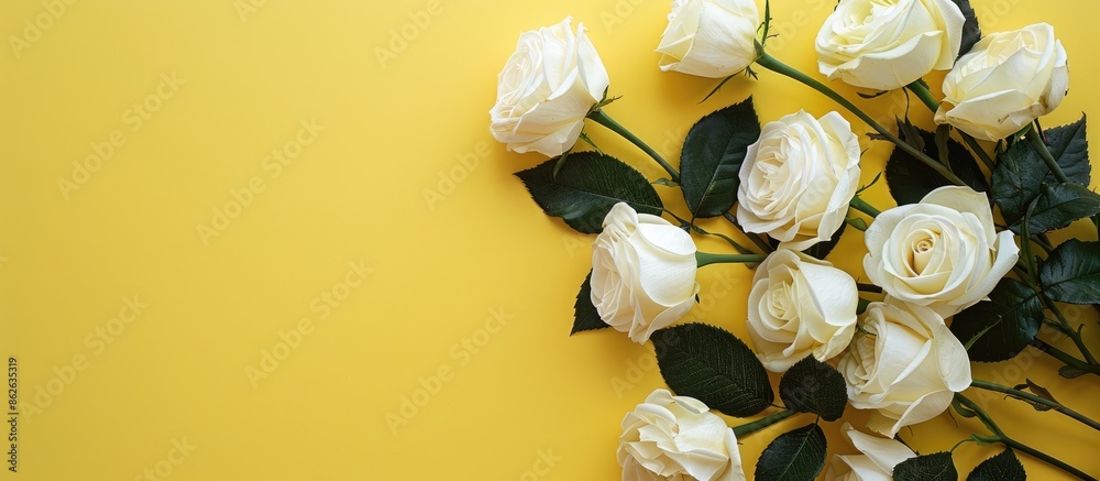 Fototapete Top view photo of white roses on a yellow background with space for text or image overlaid. Copy space image. Place for adding text and design