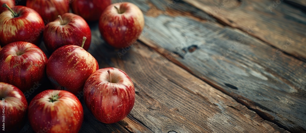 Poster red ripe apples displayed on a vintage wooden table with copy space image.