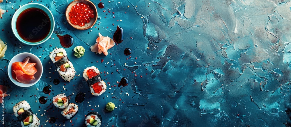 Fototapete Sushi and maki assortment with soy sauce on a blue stone backdrop, viewed from the top with space for text or other elements. Copy space image. Place for adding text and design