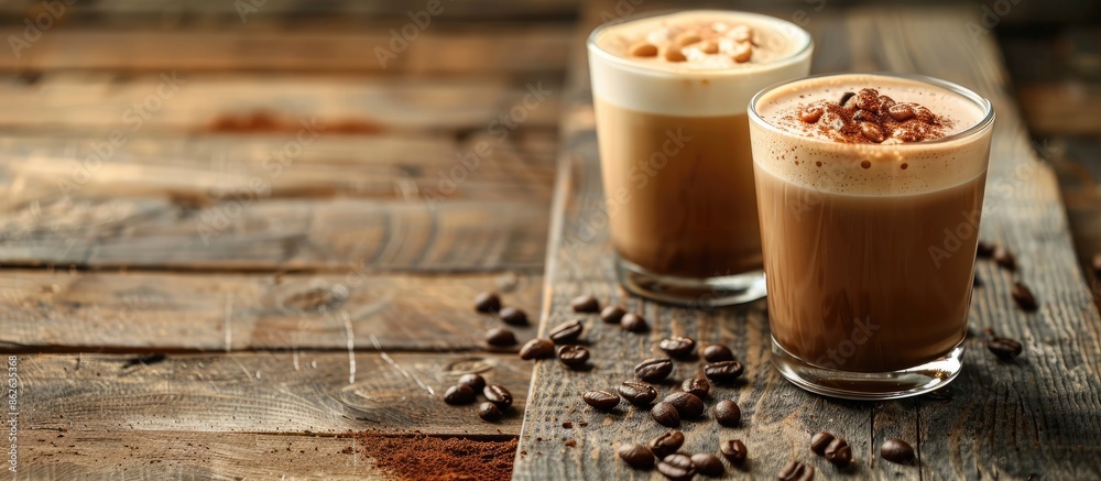 Poster cold cappuccino and mocha served in glass cups on a rustic wooden table, with a blank space availabl
