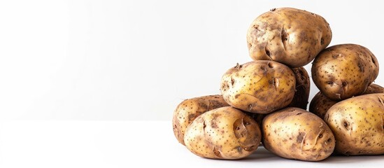 Fototapeta premium A ripe potato tuber with a white backdrop, suitable for copy space image.