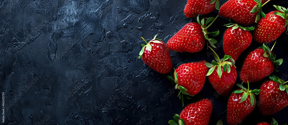 Poster Red strawberries displayed on a dark textured background, creating a visually appetizing image with a black backdrop providing ample copy space for the fruit.
