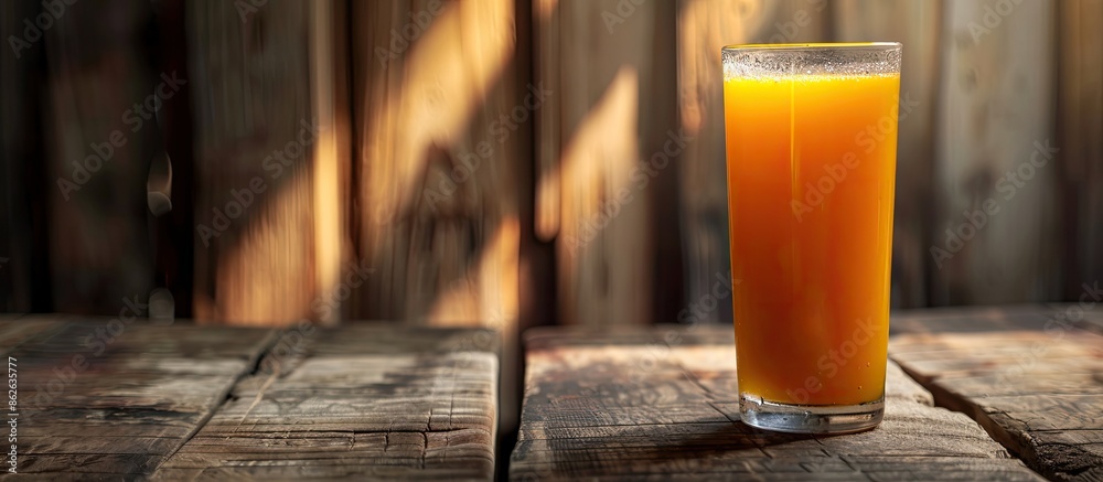 Poster a cool glass of orange juice on a wooden background with copy space image. fruit juices rich in vita