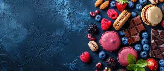 Top view of macarons, chocolate, cookies, berries, and nuts displayed on a dark blue surface with...