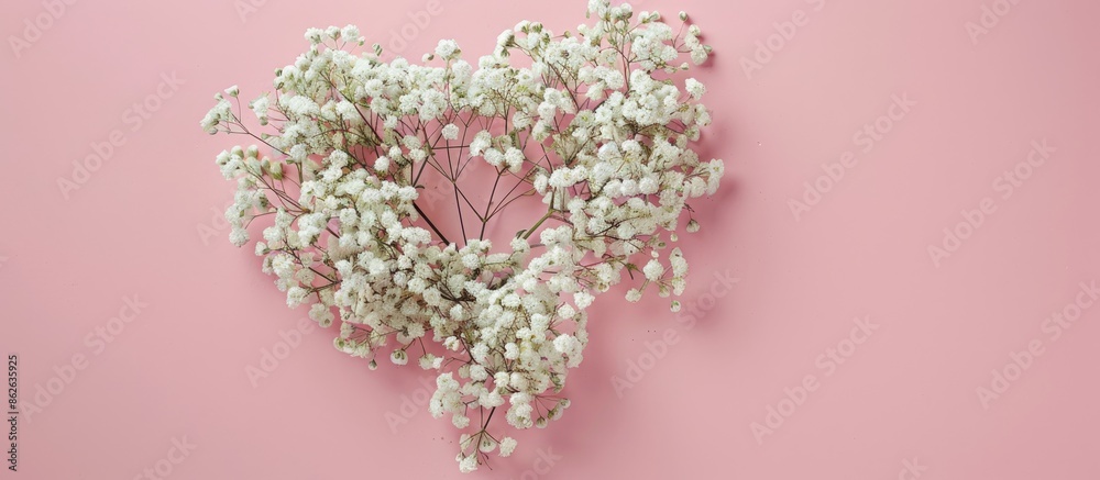 Leinwandbilder view from above showing a heart-shaped design made of gypsophila flowers on a pink backdrop with spa