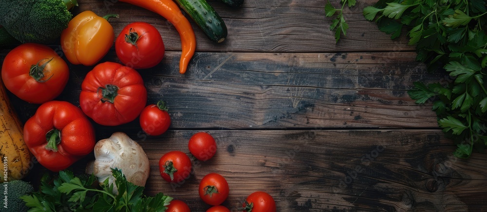 Aufkleber Top view of fresh vegetables on a dark wooden surface for menu or recipe mockup, featuring a generous copy space image.