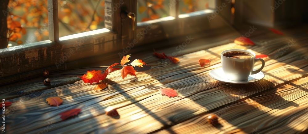 Aufkleber Sunlight illuminates a wooden table with morning coffee, creating a cozy atmosphere. Copy space image. Place for adding text and design