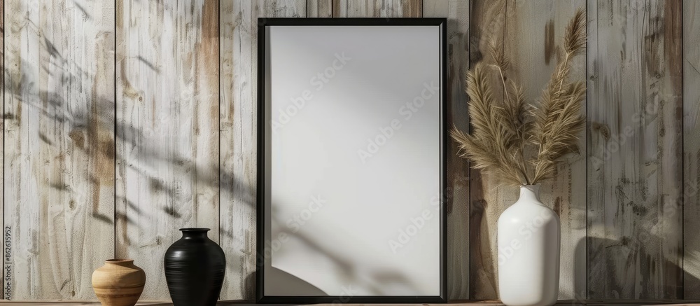 Poster portrait-oriented empty black frame mockup and vases positioned next to a wooden textured white wall