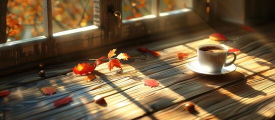 Sunlight illuminates a wooden table with morning coffee, creating a cozy atmosphere. Copy space image. Place for adding text and design