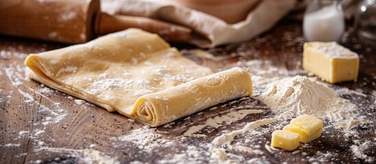 Raw homemade puff pastry dough being rolled with a rolling pin on a table, featuring flour, butter, and a cloth with available copy space image.