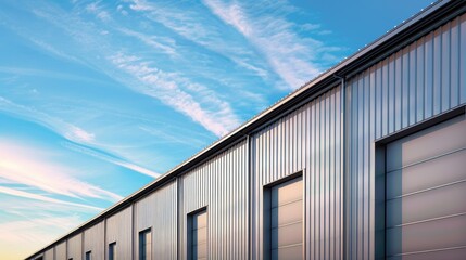 Modern metal warehouse buildings with aluminum roof seen from the side against a blue sky with space for text