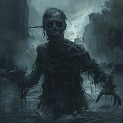 Zombie Emerging from Flooded City Ruins
