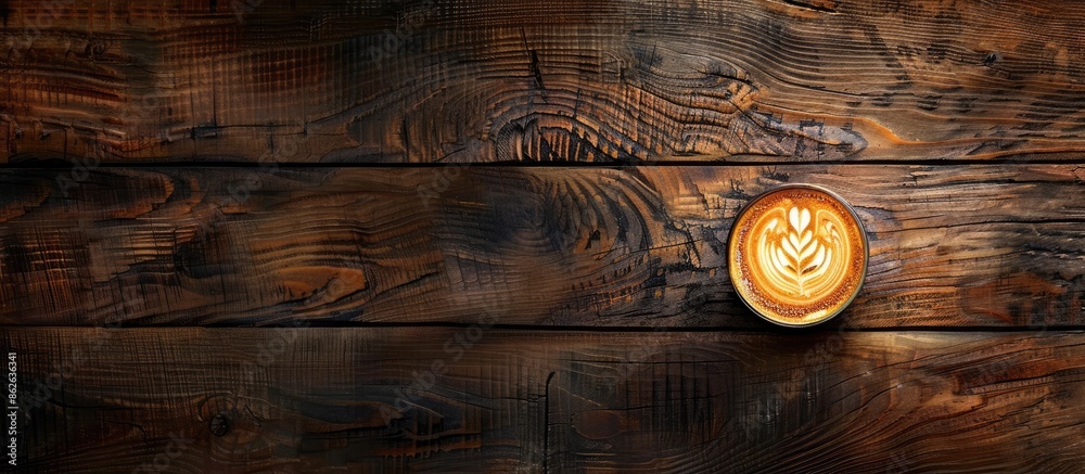Leinwandbilder Top view of latte art on a rustic wooden surface with space for text or other elements in the image. Copy space image. Place for adding text and design