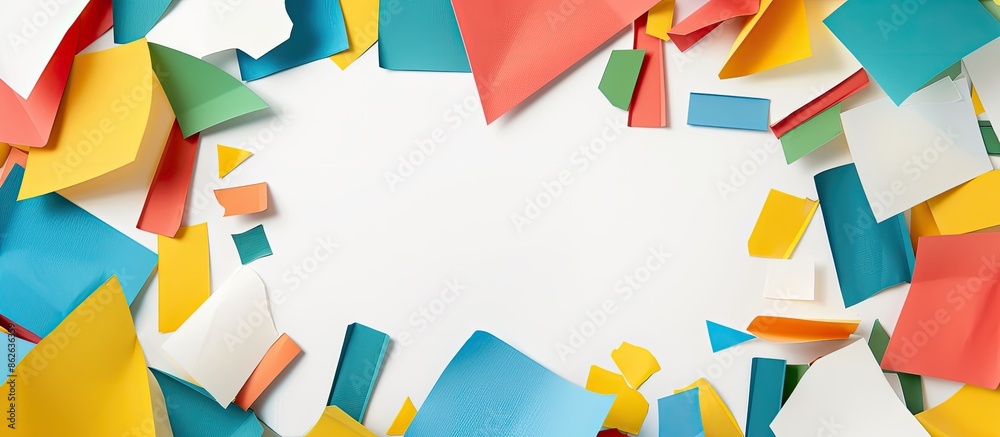 Fototapete Colorful paper pieces set against a white backdrop with empty space for text or images. Copy space image. Place for adding text and design
