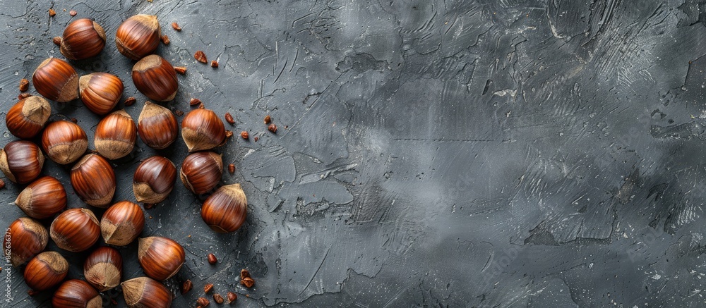 Poster on a gray rustic table lies a pile of roasted sweet chestnuts. plenty of space around for a copy spa