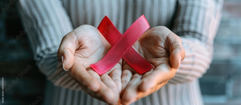 Poster hands of a woman showing support by grasping a crimson aids awareness ribbon in a healthcare and med
