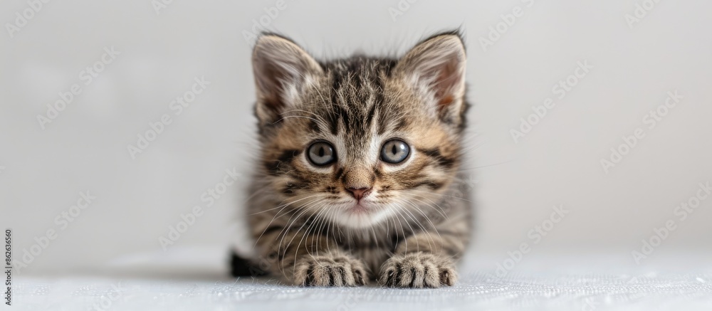 Poster A small, two-week-old tabby kitten on a white backdrop with room for text or other elements (copy space image).