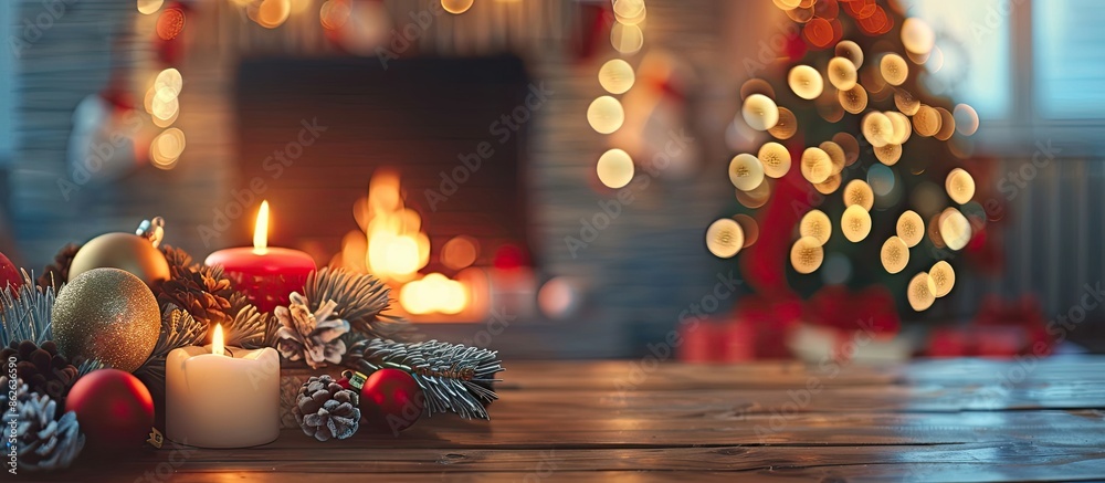 Poster festive fireplace with christmas decorations on a table with copy space image.