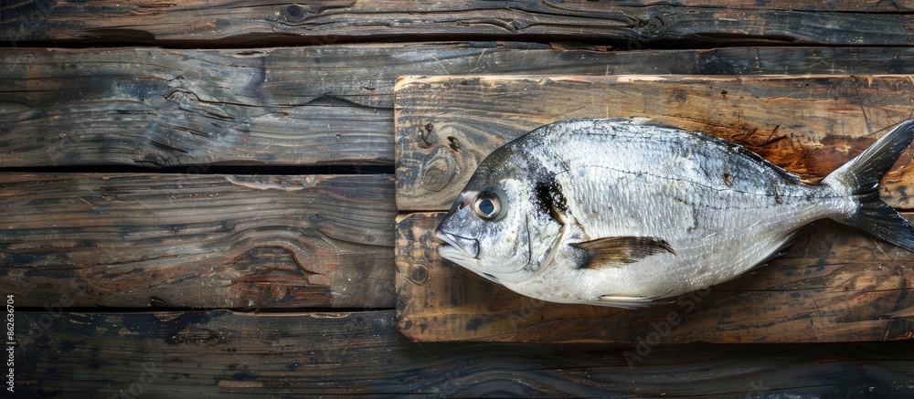 Poster wooden background with a raw dorado fish on a board, perfect for use as a copy space image.