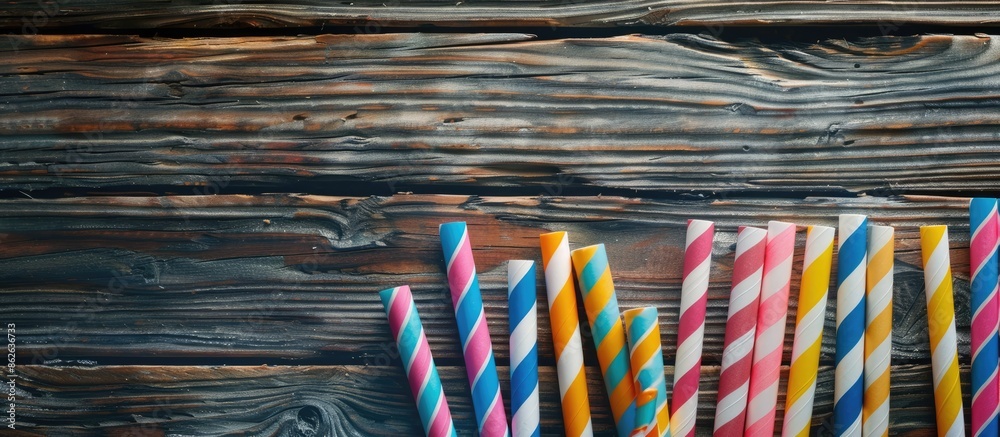 Poster Vibrant paper straws on a rustic wooden backdrop for events and parties with centered focus offering space for text or designs. Copy space image. Place for adding text and design