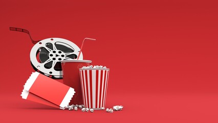 Watching entertainment online media, movies in the cinema online -3d render. Popcorn bucket, clapperboard, film reel and reel, 3D glasses and movie tickets. Poster for cinema advertising.