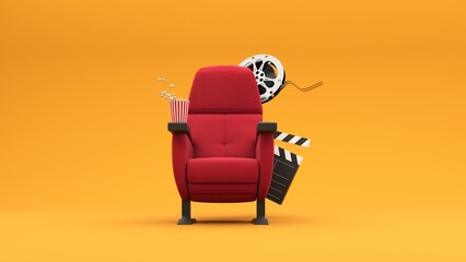 Watching entertainment online media, movies in the cinema online -3d render. Popcorn bucket, clapperboard, film reel and reel, 3D glasses and movie tickets. Poster for cinema advertising.