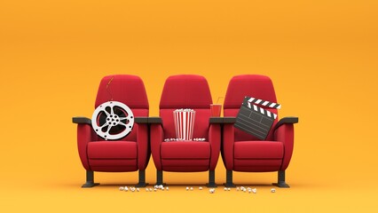 Watching entertainment online media, movies in the cinema online -3d render. Popcorn bucket, clapperboard, film reel and reel, 3D glasses and movie tickets. Poster for cinema advertising.