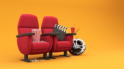 Watching entertainment online media, movies in the cinema online -3d render. Popcorn bucket, clapperboard, film reel and reel, 3D glasses and movie tickets. Poster for cinema advertising.
