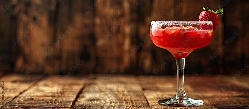 Poster a strawberry margarita cocktail in a glass is displayed on a wooden table with copy space image avai