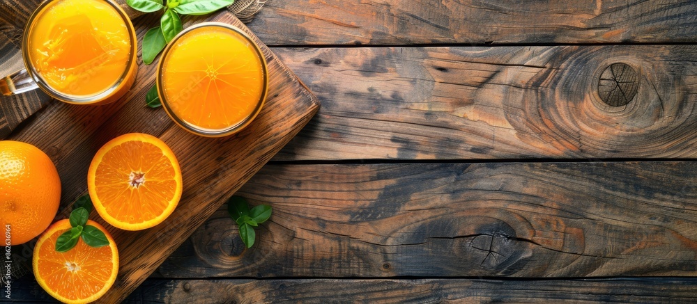 Poster Rustic top view copy space image of a fresh orange juice as a natural appetizer on a table.