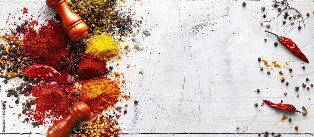 Poster vibrant spices arranged on a weathered iron surface atop a white wooden table, seen from above, crea