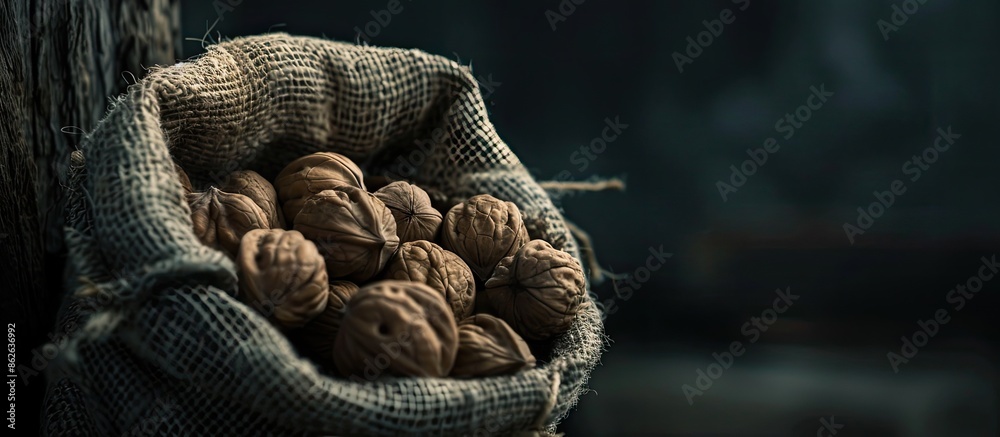 Aufkleber Dark and moody shot featuring a sack of walnuts with space for adding text or images. Copy space image. Place for adding text and design