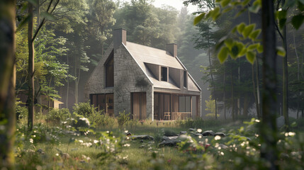 Modern residential house surrounded by nature, contemporary rural home