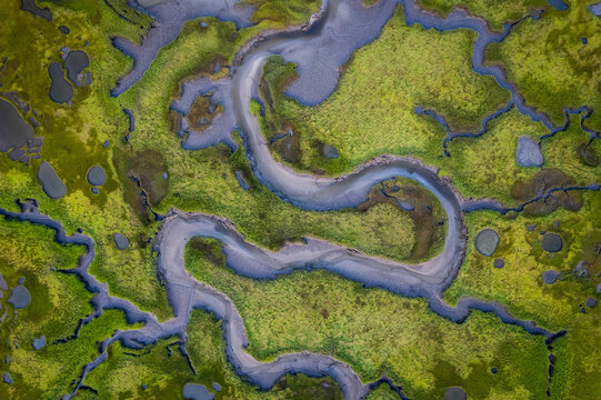 Aerial view of marshland and river network, Wells, Maine, United States.