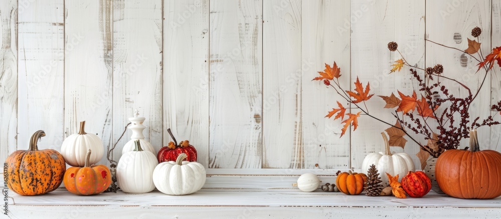 Poster Fall-themed setup with pumpkins and decorations on a rustic white table. Ideal for autumn concepts or messages with available copy space image.