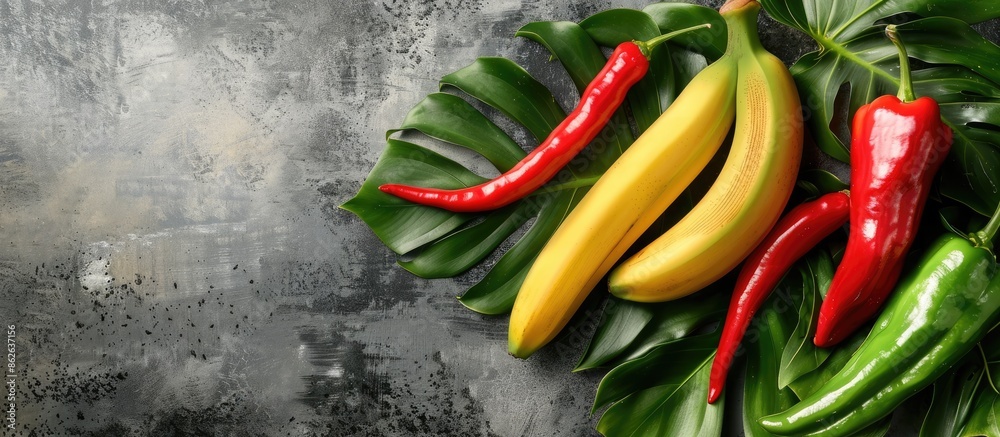 Poster Banana tree leaves serve as background for red and green peppers in a copy space image.
