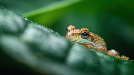 A close-up photo of a small green and orange frog sitting on a large green leaf