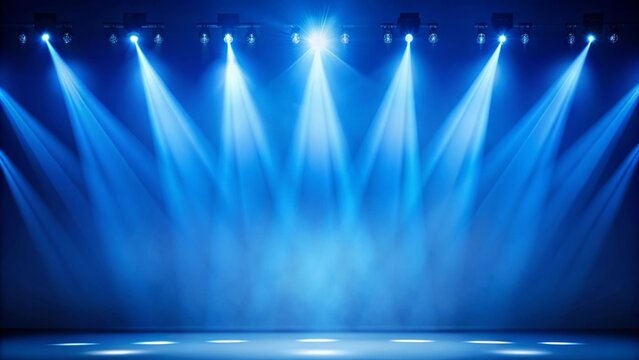 Blue stage lights with spotlights creating a captivating scene on a dark background. Spotlight. Scene Illumination. Light Effect