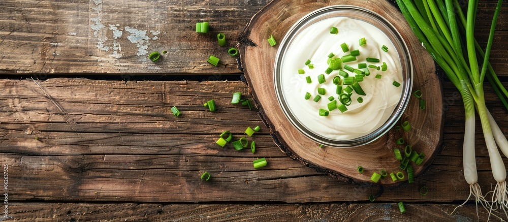 Aufkleber top-down view of a glass bowl filled with sour cream beside a cutting board with chopped green onion