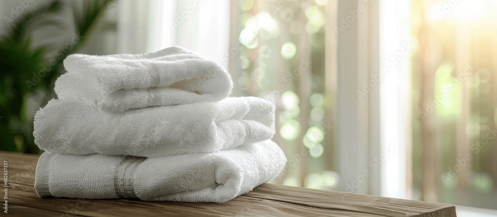 Poster Fresh towels stacked on a wooden bathroom table in closeup view. Ideal for text in copy space image.