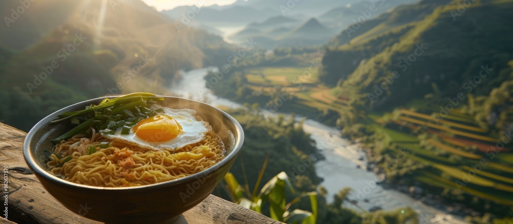 Poster breakfast bowl with noodles and omelette, captured against a scenic backdrop of hills and a river va