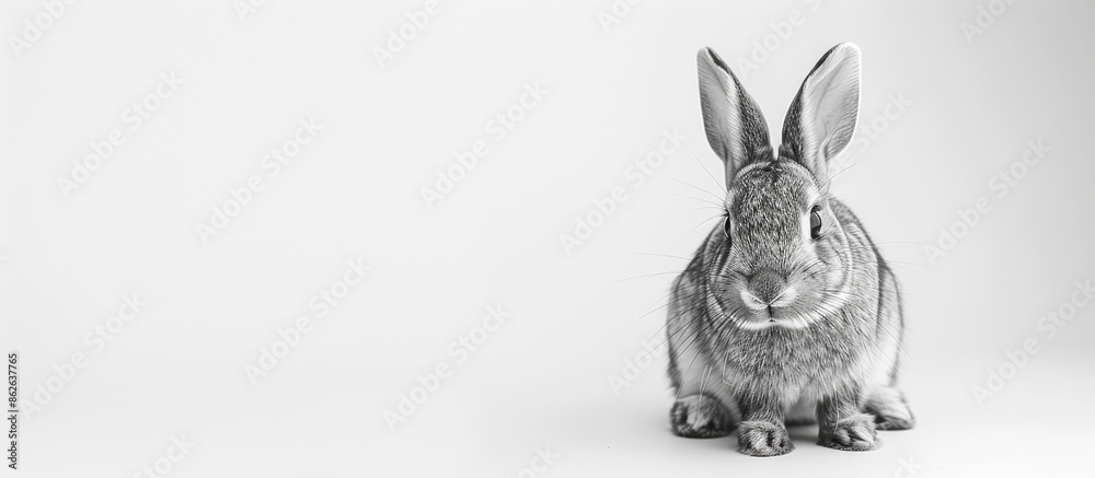 Poster black and white adorable rabbit on a white background with copy space image.
