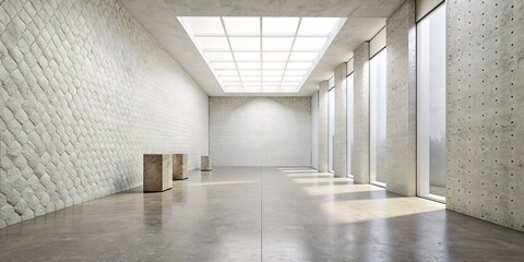 Obraz premium A bright, modern space featuring a minimalist design with exposed concrete walls, columns, and a polished floor. Sunlight streams in from a skylight, illuminating the center of the room.