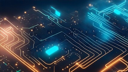 Fototapeta premium Abstract technology background with shiny neon light effect on a circuit board. Futuristic technology wallpaper. Digital cyber tech backdrop background. 
