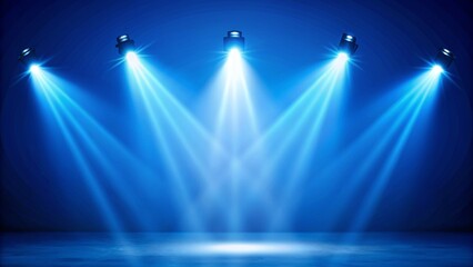Blue stage lights with spotlights creating a captivating scene on a dark background. Spotlight. Scene Illumination. Light Effect