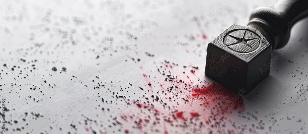 Aufkleber Focused on the closeup view of the rubber stamp with the red ink imprint on a white paper textured background, leaving available copy space for an image.