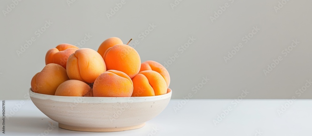 Aufkleber Delicious ripe apricots arranged in a bowl with a light background and space for text or images. Copy space image. Place for adding text and design