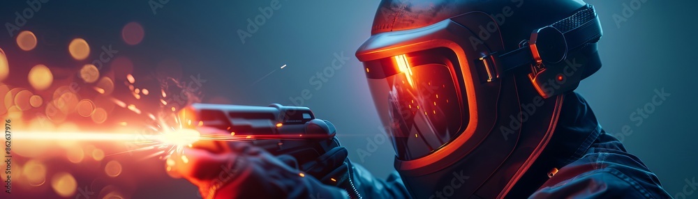 Wall mural Futuristic soldier in advanced armor firing a glowing laser weapon, showcasing high-tech combat in a sci-fi environment with dynamic lighting.